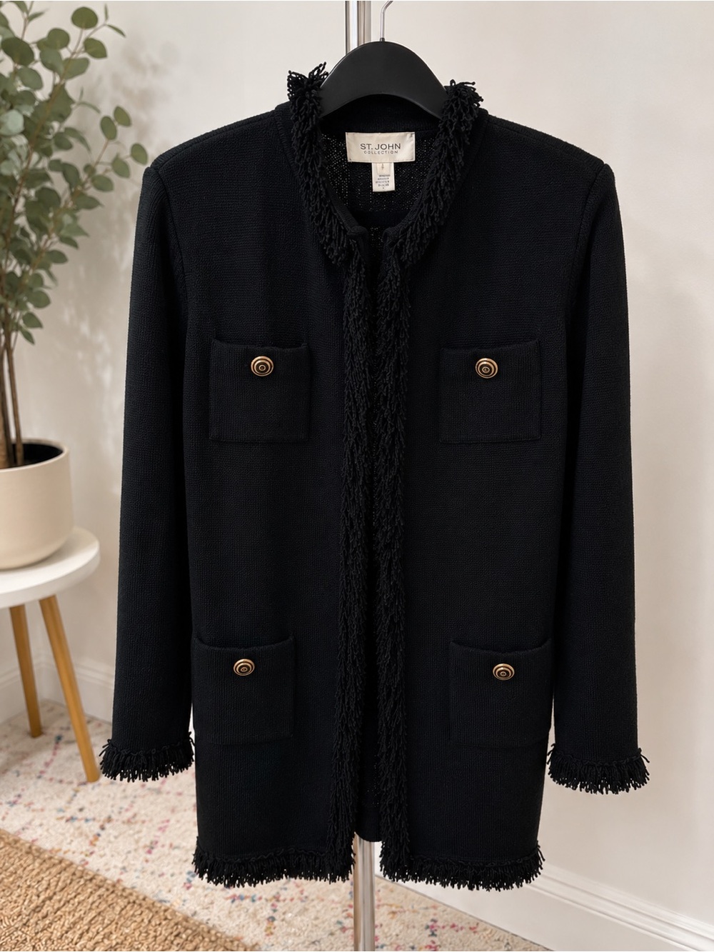 St. John Black Knit Fringe Coatigan with Gold-Tone Buttons